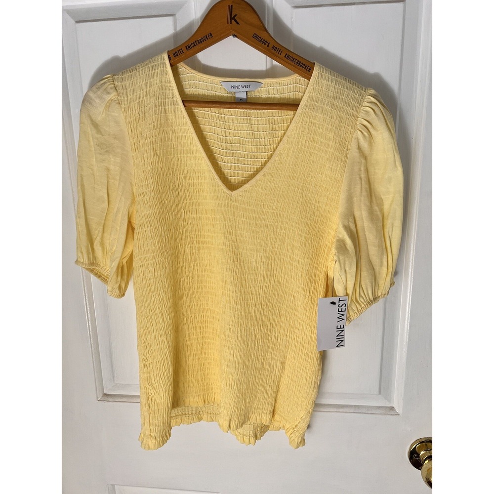 Nine West Milkmaid Yellow Elbow Puff Sleeve smocked jewel Blouse Top NWT Sz Med.